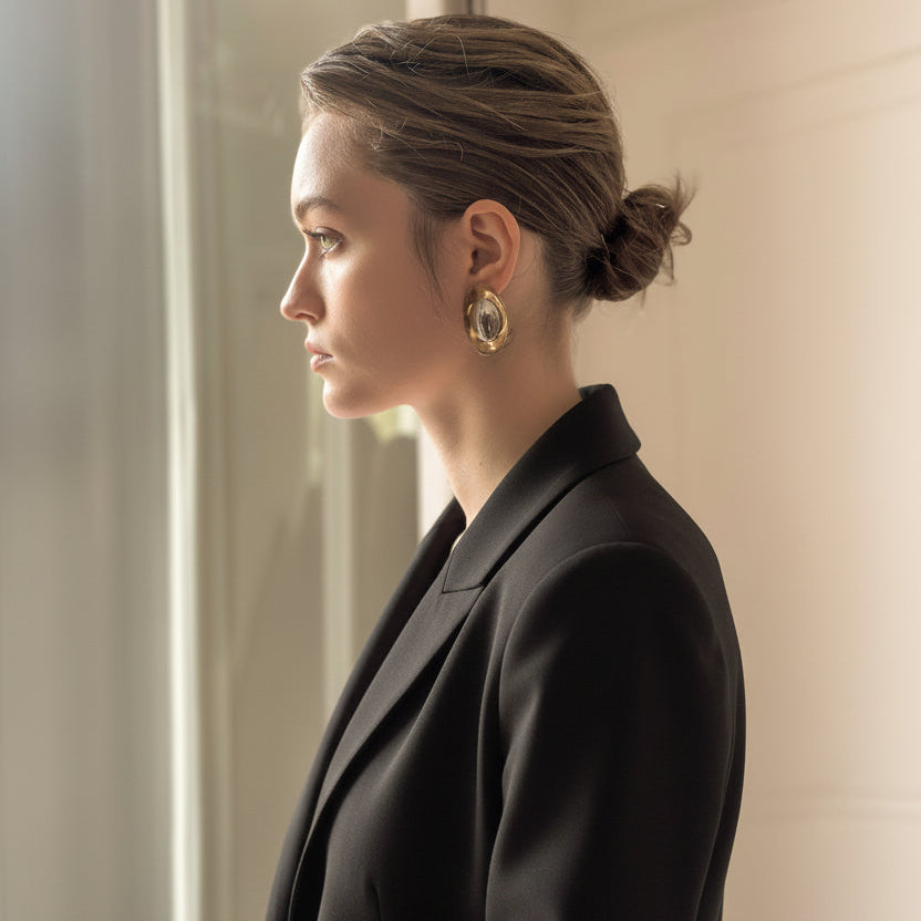 Woman in a black coat standing against a neutral wall
