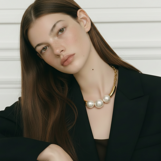 Woman wearing a black blazer and pearl necklace against a white wall