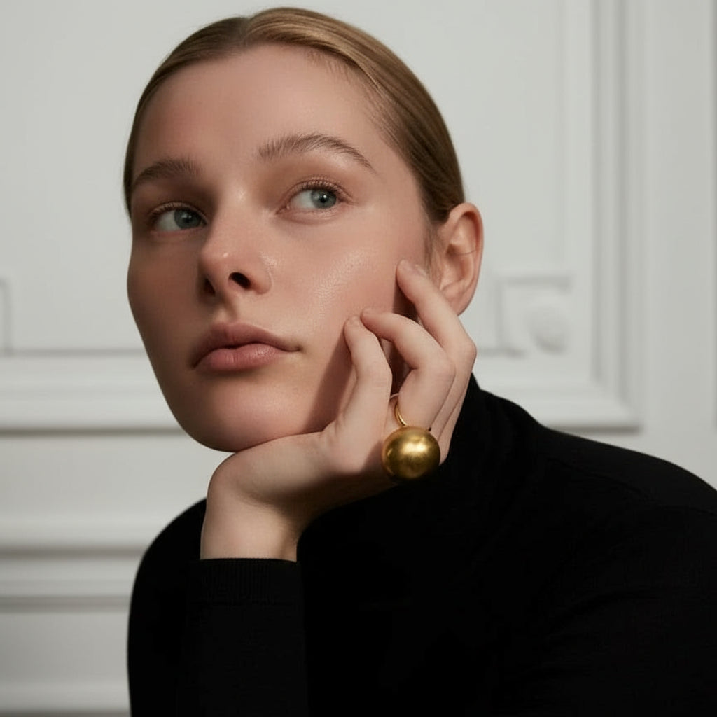 Woman wearing a gold earring against a textured white background