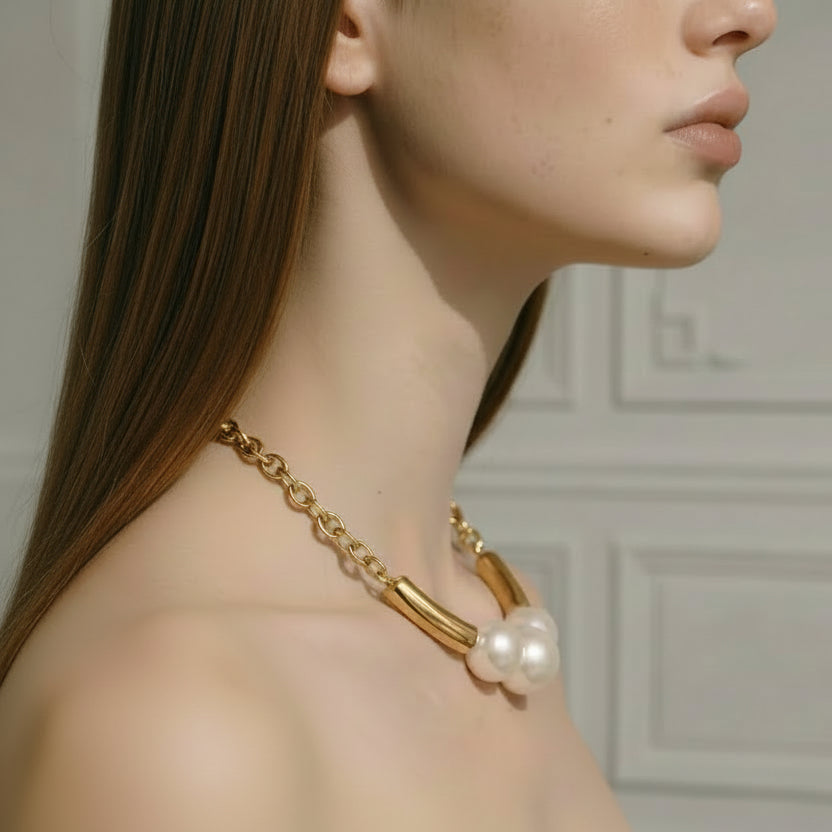 Woman wearing a gold necklace with a pearl pendant against a neutral background