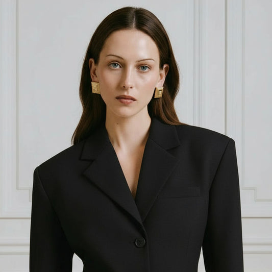 Woman wearing a black blazer and gold earrings against a light background