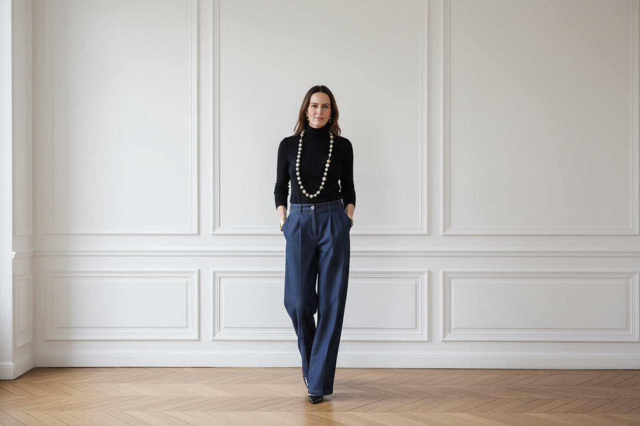 Woman in a black turtleneck and blue pants standing against a white paneled wall.