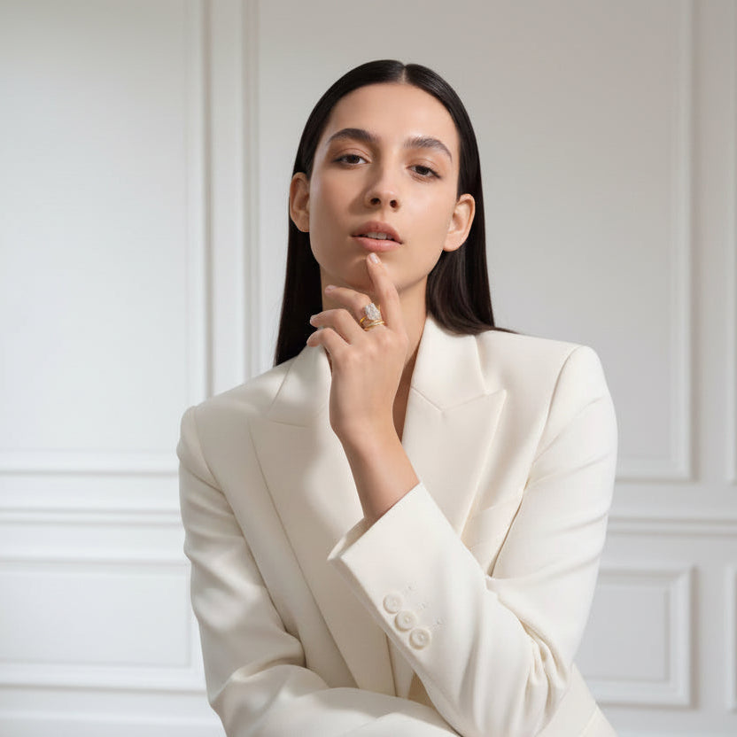 Woman in a white suit sitting in a room with light-colored walls and wooden floor.