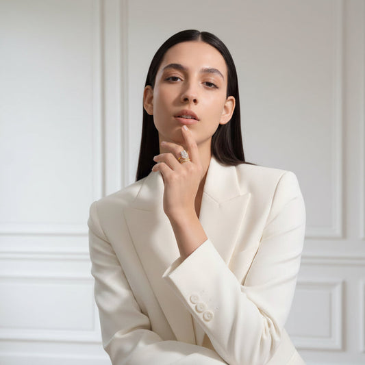 Woman in a white suit sitting in a room with light-colored walls and wooden floor.