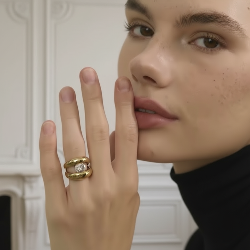 Close-up of a person wearing a gold ring on a neutral background