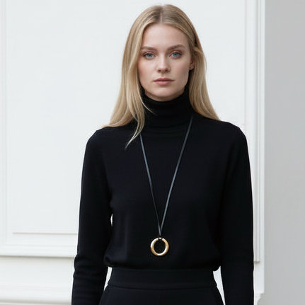 Woman wearing a black turtleneck sweater with a long necklace against a white background